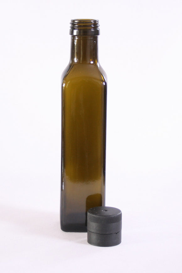 Bottle, 250ml Square Antique Green Glass Marasca, 31.5mm Screw finish with Black Pourer insert cap pack of 21