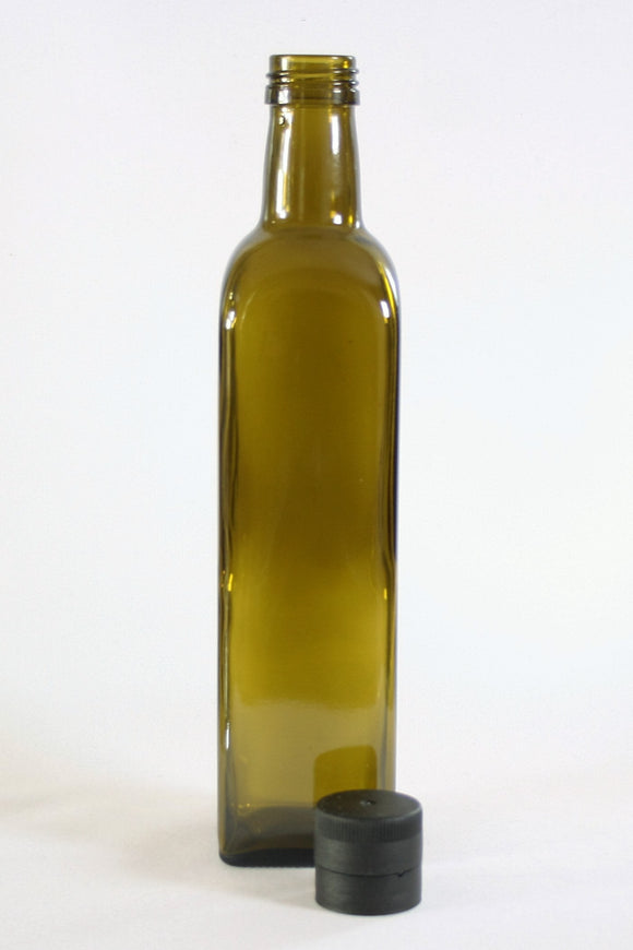 Bottle, 500ml Square Antique Green Glass Marasca, 31.5mm Screw finish with Black Pourer insert cap pack of 15