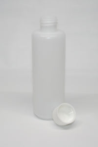 Bottle, 250ml HDPE plastic, carton of 200, including 28mm White cello wadded caps