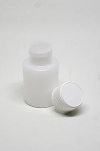 Bottle, 50ml HDPE plastic, carton of 100, including 28mm White cello wadded caps