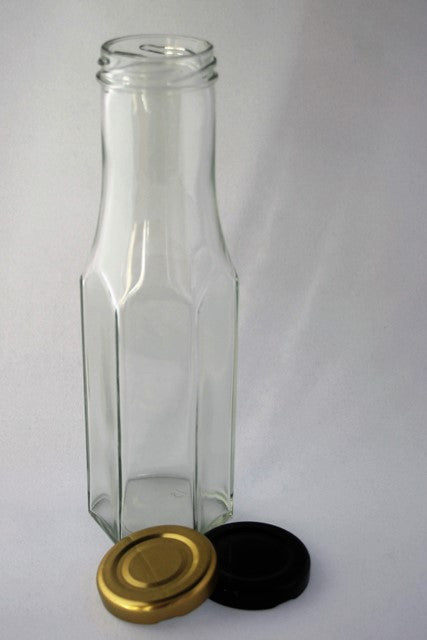 Bottle, 250ml Hexagonal Glass, Sauce, 43mm Twist finish, 32 per pack, includes cap