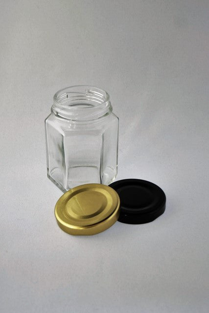 Jar, 110ml Hexagonal Glass, 48mm Twist finish, carton of 50, including caps
