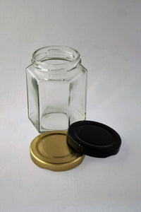 Jar, 190ml Hexagonal Glass, 58mm Twist finish, carton of 28, including caps