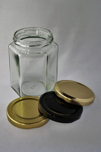 Jar, 270ml Hexagonal Glass, 63mm Twist finish, carton of 25, including caps
