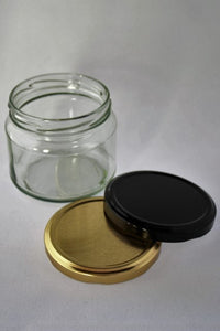 Jar, 300ml squat Salsa, Round Glass, 82mm Twist finish, carton of 75, including caps.