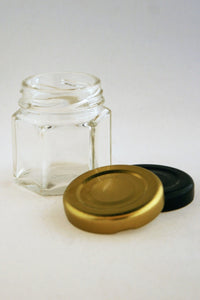 Jar, 45ml Hexagonal Glass, 43mm Twist finish, carton of 150, including caps.