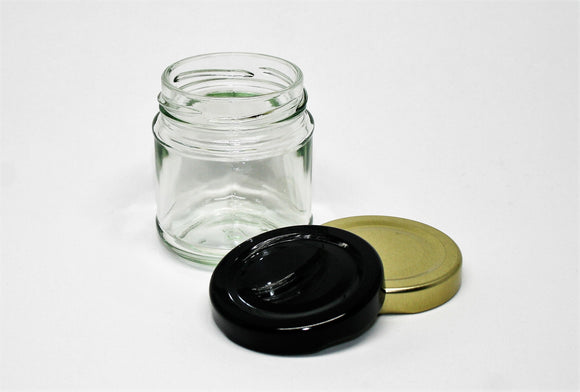 Jar, 100ml Round Glass, 53mm Twist finish, pack of 36, including caps
