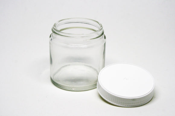 Jar, 120ml Round Glass, 58mm Screw finish, carton of 56, including White Poly Cap