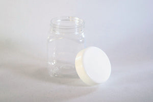Jar, 200ml Clear Square PET, 53mm screw finish, ctn of 300 including White Ring Seal Cap