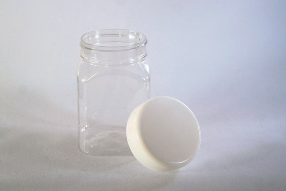 Jar, 400ml Clear Square PET, 63mm screw finish, ctn of 275 including White Ring Seal Cap